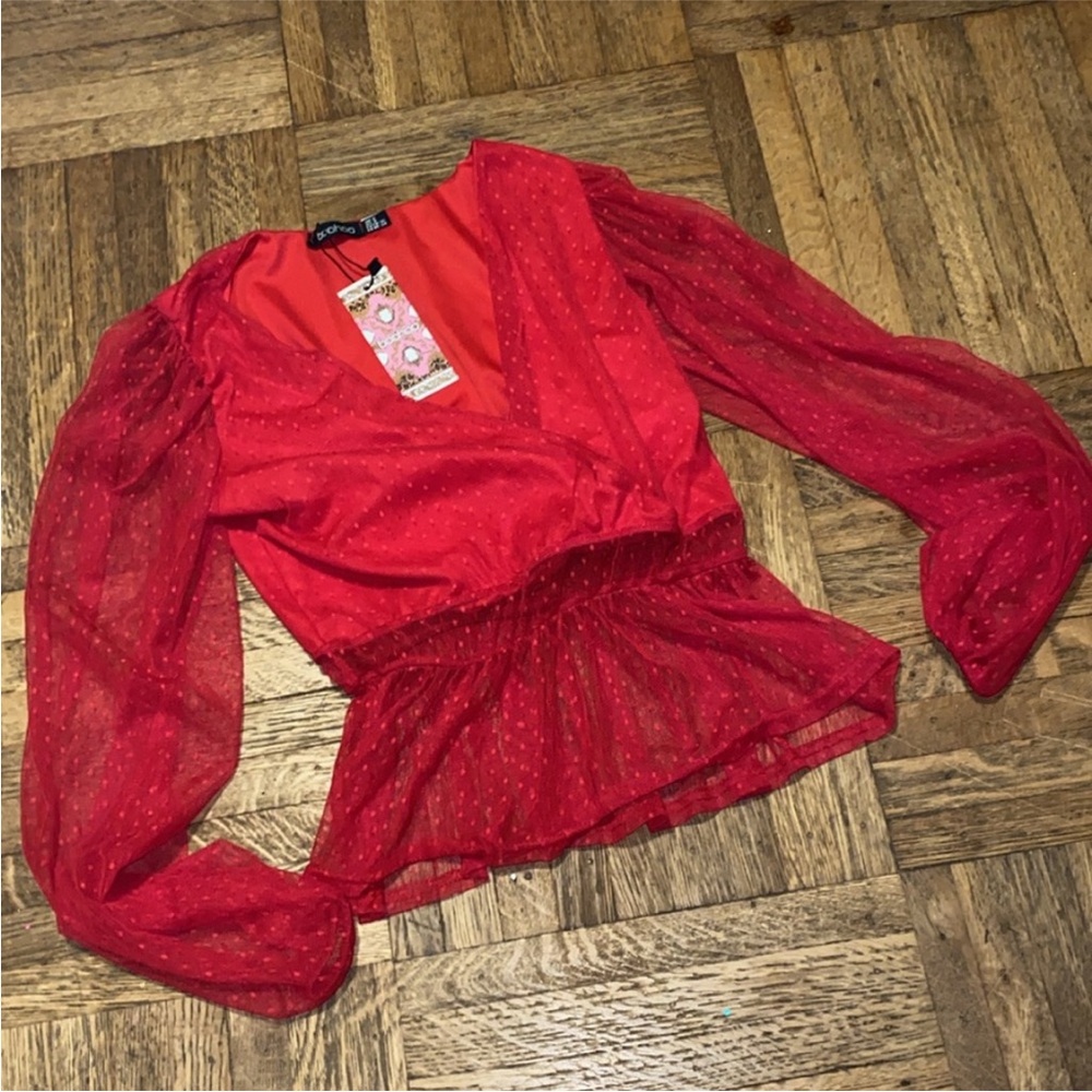 Boohoo red sheer shirt red lace top red peplum shirt sheer red top